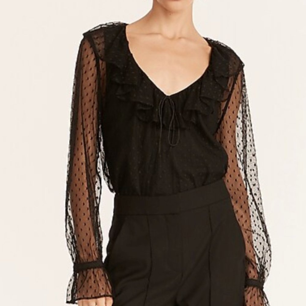 J.Crew Ruffleneck Top in Clip Dot Black Sheer long sleeves, Size 2X